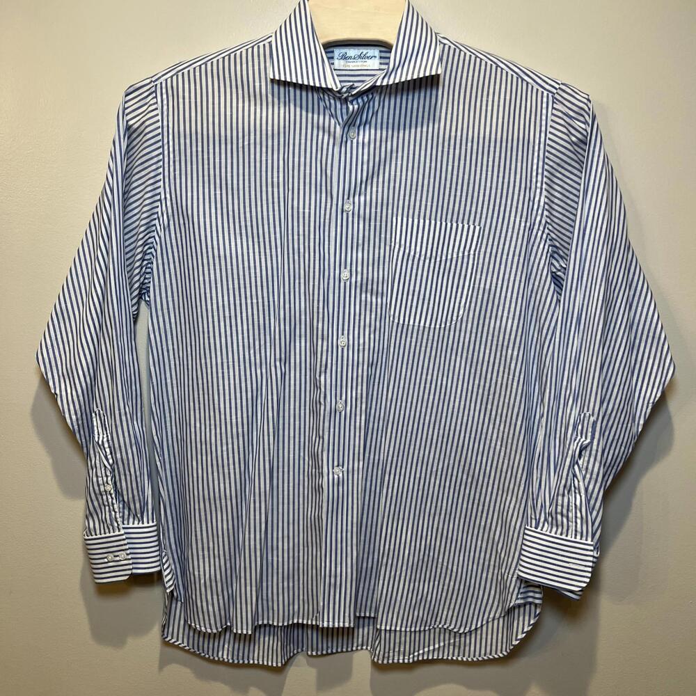 Ben Silver Charleston Blue White Bengal Stripe Button Up‎ Shirt Mens 17 36 EUC